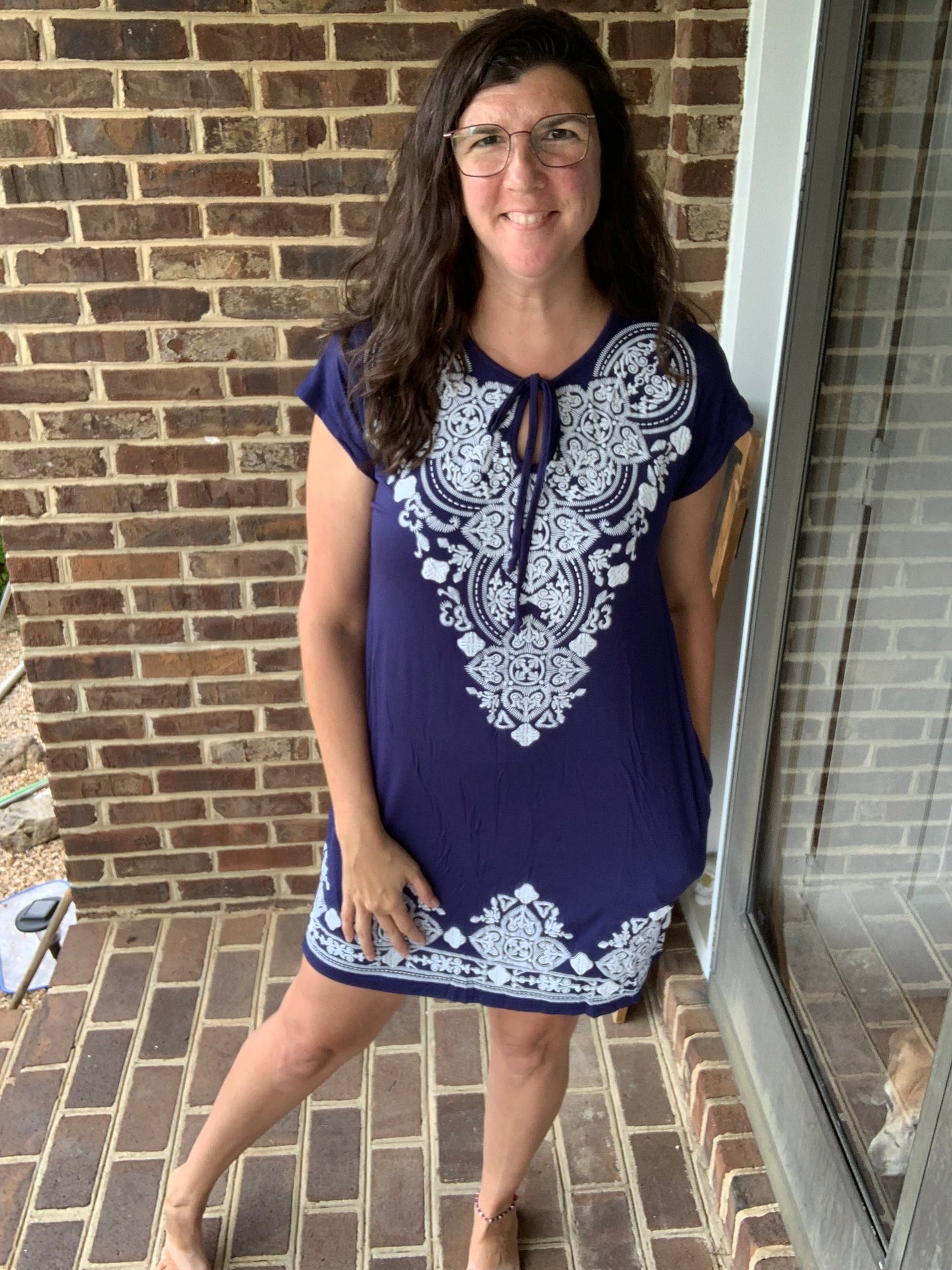 Damask Navy & White Dress w/ POCKETS