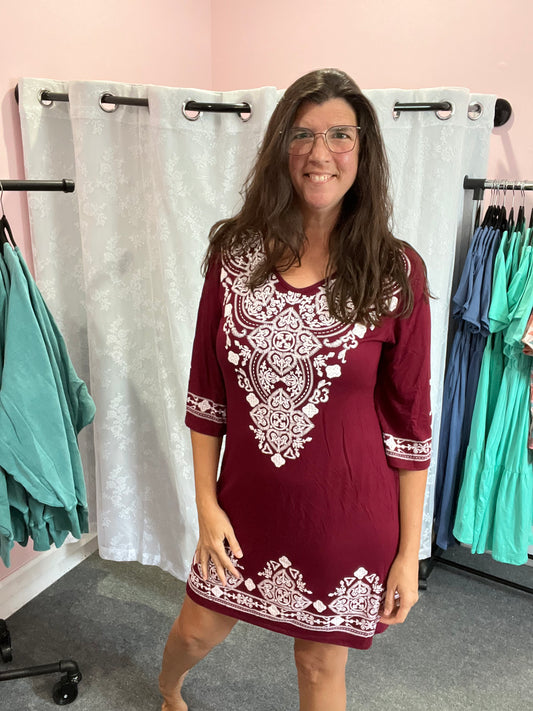 Burgundy Damask 3/4 Sleeve Dress w/ POCKETS