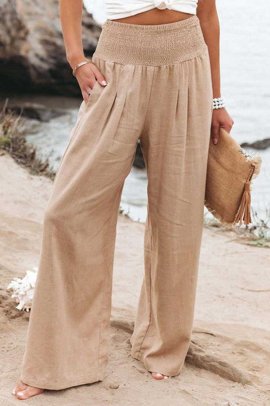 Boho Beach Vibe Smocked Wide Leg Pants w/ POCKETS