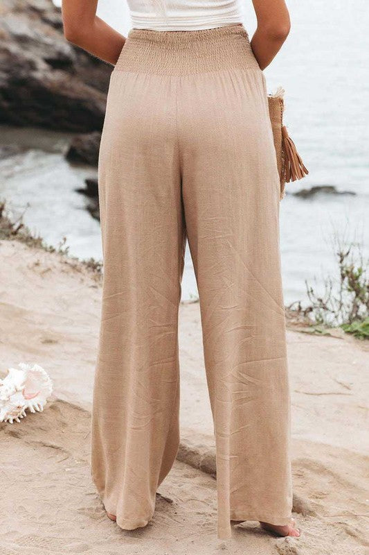 Boho Beach Vibe Smocked Wide Leg Pants w/ POCKETS